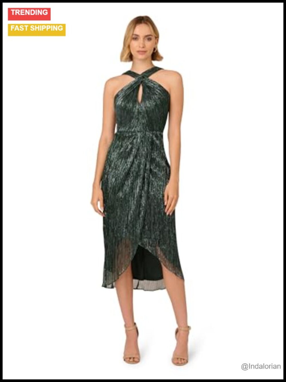 Halter Crinkle Metallic Cocktail Dress Wrap Midi Sleeveless Formal